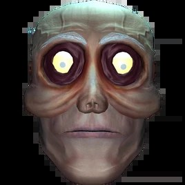 Community reference picture of the Headman: a large pale head with wide staring eyes and a closed mouth.