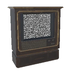 The game's own television: a wooden-cased set with a speaker grille, showing static on its screen.