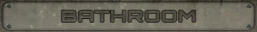 The bathroom sign the game ships: a worn metal plate with the word BATHROOM in raised letters between four screws.